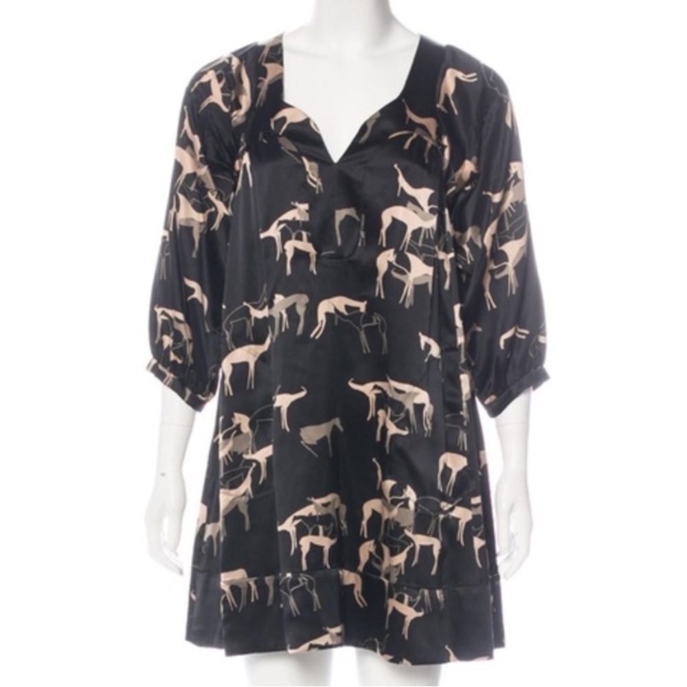 Ulla Johnson 100% Silk Horse Deer Print Black Tan Tunic Mini Dress Sz 8 Pockets